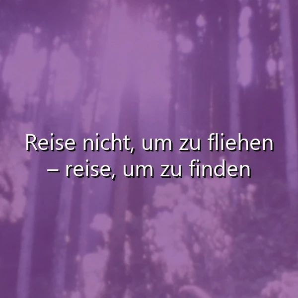 Verträumter Hintergrund in tiefem Violett, schemenhafte Baumwipfel im sanften Licht. Weißer Text: Reise nicht, um zu fliehen – reise, um zu finden. Eine inspirierende Weisheit, die zur Selbstfindung auf Reisen anregt.