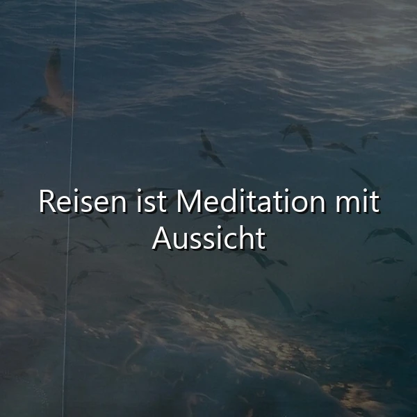 Ein Foto mit einem dunklen, ruhigen Wasserhintergrund, auf dem viele kleine Fische schwimmen. Im Vordergrund steht in großen, weißen Buchstaben das Zitat: 'Reisen ist Meditation mit Aussicht'. Die Atmosphäre ist friedlich und kontemplativ.