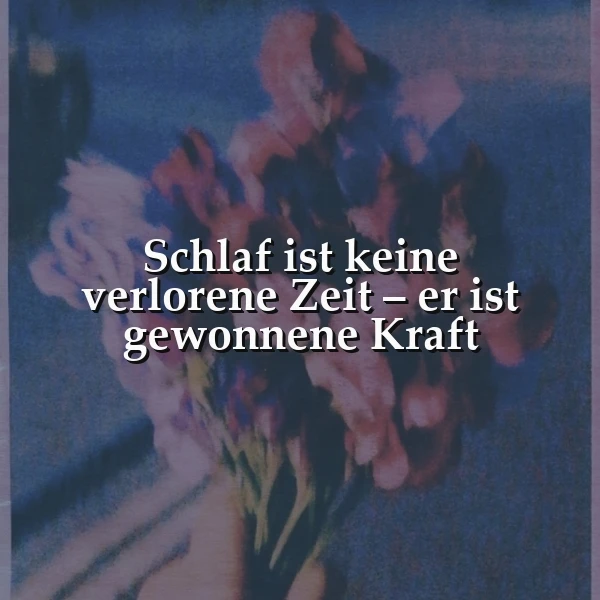 Ein dunkelblaues Bild mit einer Hand, die eine bunte Blumenbouquet hält, im Hintergrund unscharf. Der Text 'Schlaf ist keine verlorene Zeit - er ist gewonnene Kraft' ist zentral in weißer Schrift platziert.