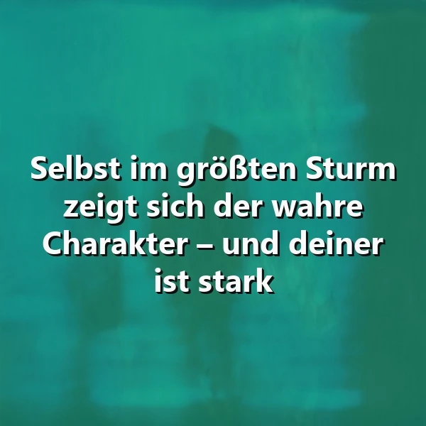 Ein grünliches, abstraktes Hintergrundbild mit einem dunklen, undefinierbaren Objekt in der Mitte. Der Text 'Selbst im größten Sturm zeigt sich der wahre Charakter – und deiner ist stark' ist in weißer Schrift über das Bild gelegt.