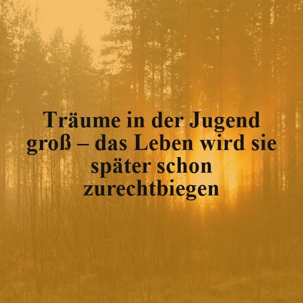 Ein Foto mit einem Zitat vor einer goldenen Waldkulisse während des Sonnenuntergangs. Der Text 'Träume in der Jugend groß – das Leben wird sie später schon zurechtbiegen' ist in schwarzer Schrift über das Bild gelegt.