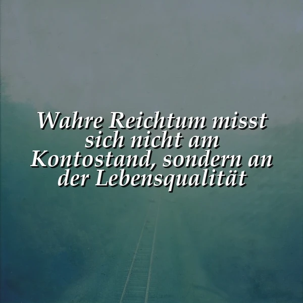 Inspirierendes Zitat auf einem mystisch-blaugrauen Hintergrund mit verschwimmenden Bahngleisen, die in die Ferne führen. Der weiße Text 'Wahre Reichtum misst sich nicht am Kontostand, sondern an der Lebensqualität' steht prominent im Vordergrund und lädt zum Nachdenken ein.