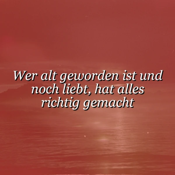 Ein Bild mit dem Zitat „Wer alt geworden ist und noch liebt, hat alles richtig gemacht“ in weißer Schrift auf einem romantischen, orange-roten Sonnenuntergang über dem Meer, der eine friedliche und nachdenkliche Stimmung vermittelt.