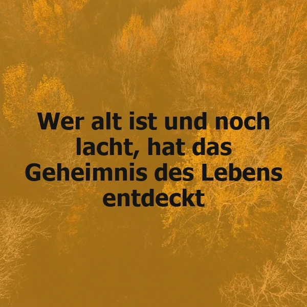 Ein inspirierendes Zitat auf herbstlichem Hintergrund: 'Wer alt ist und noch lacht, hat das Geheimnis des Lebens entdeckt'. Warme Gold- und Brauntöne der Bäume vermitteln eine ruhige, weise Stimmung.