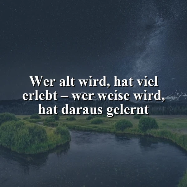 Ein ruhiger See unter einem sternenklaren Himmel, umgeben von grünen Büschen und Gras, mit einem Zitat über Weisheit und Lebenserfahrung