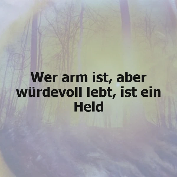 Ein nebliger Wald mit kahlen Bäumen im Hintergrund, im Vordergrund ein Zitat in schwarzer Schrift: 'Wer arm ist, aber würdevoll lebt, ist ein Held'