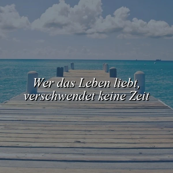 Ein Holzsteg führt in das blaue Meer unter einem Himmel mit weißen Wolken. Das Zitat 'Wer das Leben liebt, verschwendet keine Zeit' liegt in weißer Schrift darüber.
