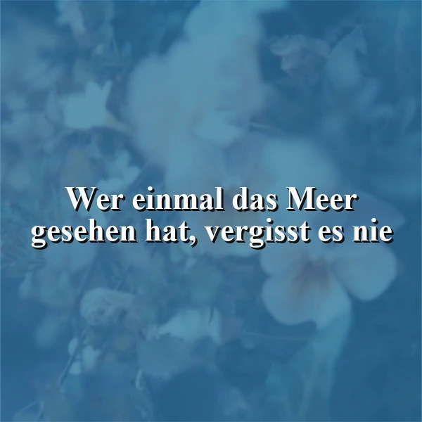 Ein weiches, bläuliches Bild mit verschwommenen Blüten und Blättern. Darin steht das Zitat: Wer einmal das Meer gesehen hat, vergisst es nie, das eine tiefe, bleibende Erinnerung hervorruft.