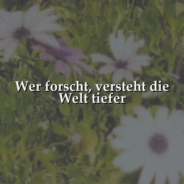 Ein inspirierendes Spruchbild mit dem Zitat: Wer forscht, versteht die Welt tiefer. Im Hintergrund blühen zarte, weiße und lila Blumen in einem verschwommenen, grünen Garten bei hellem Tageslicht, was eine ruhige und nachdenkliche Atmosphäre schafft.
