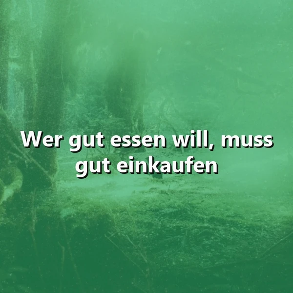 Ein tiefgrünes Bild mit mysteriöser, waldbodenähnlicher Textur. Darauf steht in weißer Schrift der Spruch: 'Wer gut essen will, muss gut einkaufen.' Eine Weisheit über die Bedeutung der Qualität von Zutaten.