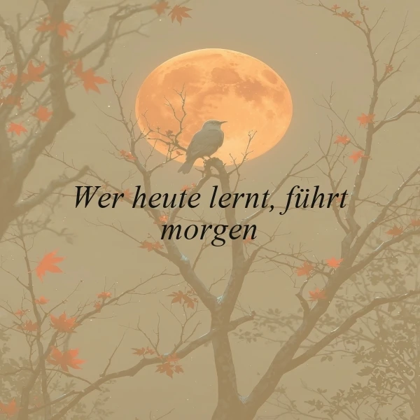 Ein Vogel sitzt auf einem Baum vor einem Vollmond, umgeben von Herbstlaub, mit dem Zitat 'Wer heute lernt, führt morgen' im Vordergrund.