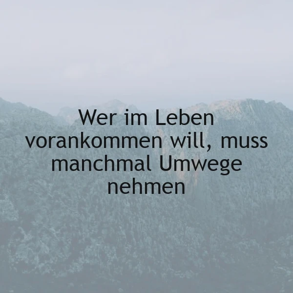 Ein Bergpanorama mit einem leicht nebeligen Himmel, im Vordergrund ein schwarzes Zitat: 'Wer im Leben vorankommen will, muss manchmal Umwege nehmen'