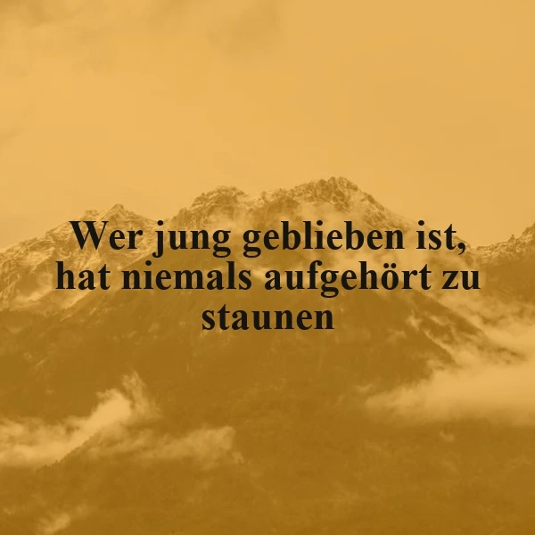 Ein sepiafarbenes Bild mit einer Bergkulisse, die teilweise von Wolken verdeckt ist. Im Vordergrund steht der Spruch 'Wer jung geblieben ist, hat niemals aufgehört zu staunen' in schwarzer Schrift.