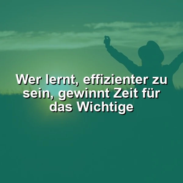 Ein silhouettiertes Bild einer Person mit erhobenen Armen vor einem grünen Himmel, überlagert mit dem Zitat 'Wer lernt, effizienter zu sein, gewinnt Zeit für das Wichtige'