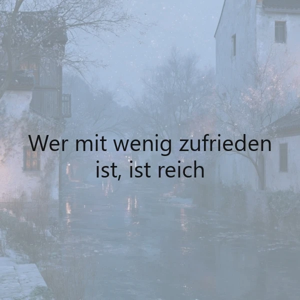 Verschneite Gasse an einem winterlichen Fluss, Häuser mit warmen Lichtern in der Dämmerung. Im Zentrum steht der Text: "Wer mit wenig zufrieden ist, ist reich". Eine Atmosphäre stiller Besinnlichkeit.