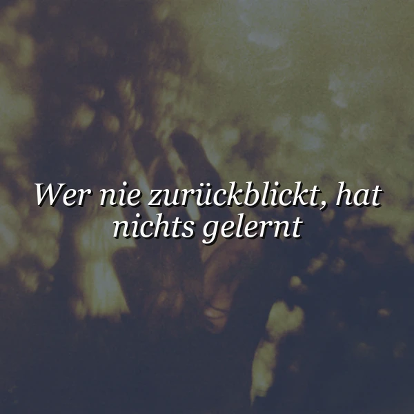 Ein atmosphärisches Bild in dunklen, erdigen Tönen, das eine verschwommene, handähnliche Form andeutet. Darauf steht die tiefgründige Weisheit: Wer nie zurückblickt, hat nichts gelernt, in eleganter weißer Schrift, umgeben von einer melancholischen Stimmung.