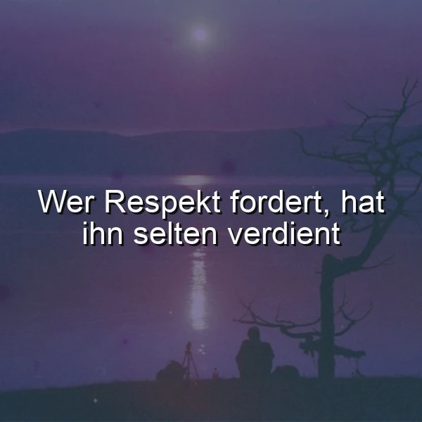 Ein ruhiger See bei Sonnenuntergang mit zwei Personen am Ufer, ein kahler Baum im Vordergrund und ein Zitat über Respekt