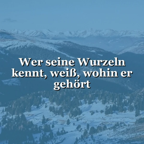 Ein verschneites Bergpanorama in Blaunuancen, das Ruhe ausstrahlt. Mittig steht der tiefgründige Spruch: "Wer seine Wurzeln kennt, weiß, wohin er gehört". Es ist ein klares Bild für Identität und Zugehörigkeit.