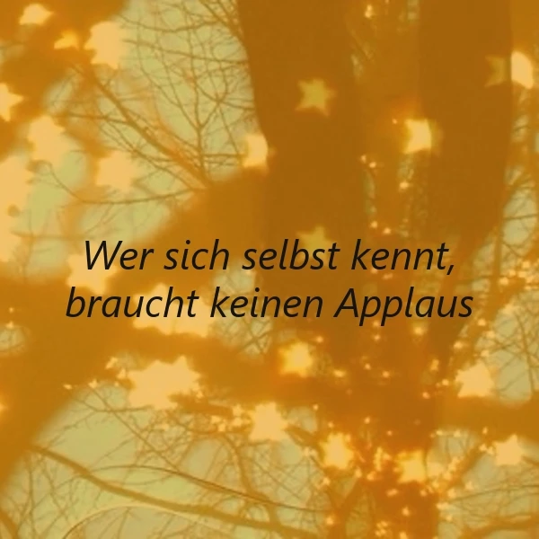 Ein Foto von einem Baum mit vielen Ästen und Sternen im Hintergrund. Der Text 'Wer sich selbst kennt, braucht keinen Applaus' ist in schwarzer Farbe über das Bild gelegt.