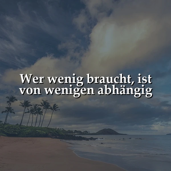 Ein ruhiger Strand mit Palmen und bewölktem Himmel, während die inspirierende Weisheit 'Wer wenig braucht, ist von wenigen abhängig' zum Nachdenken anregt.