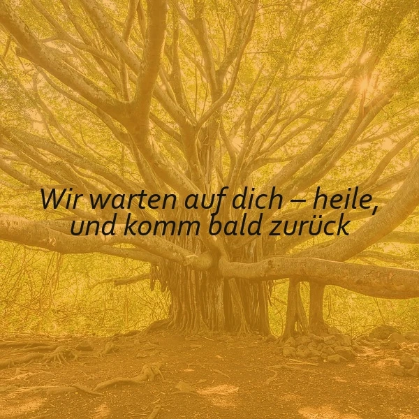 Ein majestätischer Baum mit vielen Ästen und Wurzeln in warmem, goldenem Licht, das durch die Blätter scheint. Darüber der aufmunternde Spruch 'Wir warten auf dich – heile, und komm bald zurück' in dunkler Schrift, der Hoffnung und Unterstützung vermittelt.