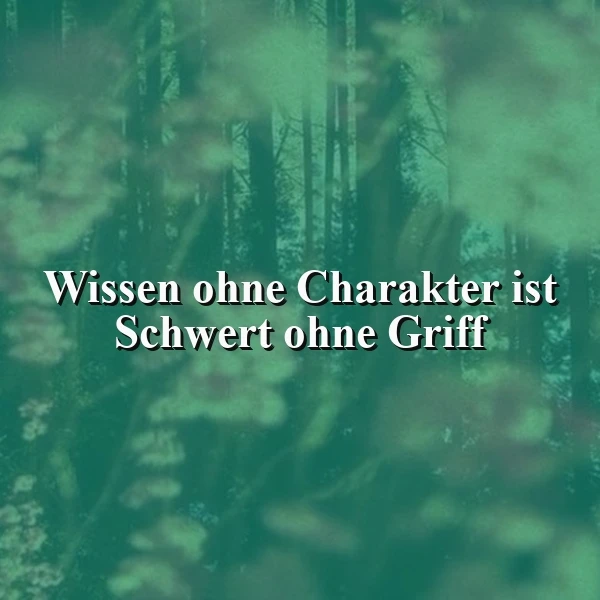 Ein dunkler, waldähnlicher Hintergrund mit verschwommenen Blättern. Darauf der weise Spruch in weißer Schrift: Wissen ohne Charakter ist Schwert ohne Griff. Eine nachdenkliche Stimmung.