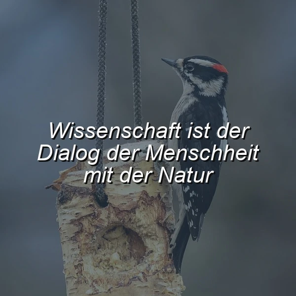 Ein Buntspecht sitzt auf einem hängenden Baumstamm, im Hintergrund ein unscharfer, grauer Himmel. Der Text 'Wissenschaft ist der Dialog der Menschheit mit der Natur' ist über das Bild gelegt.